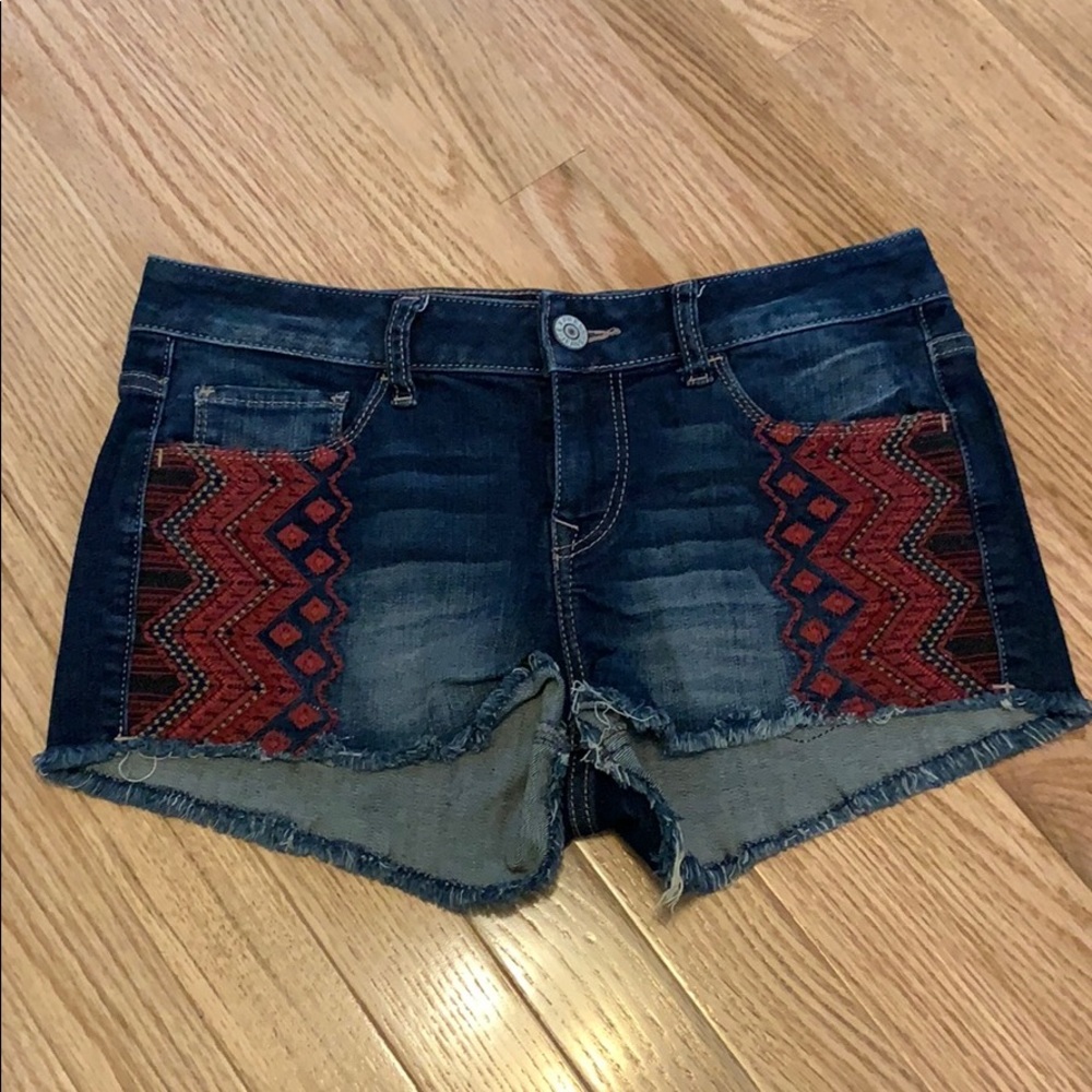 Express Low Rise Embroidered Denim Shorts